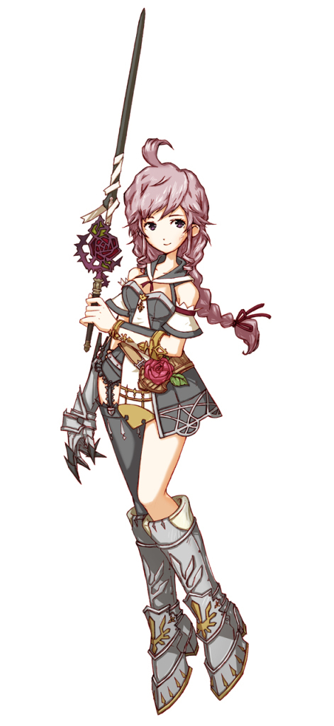 yoshioka kumiko, claves, trusty bell, official art, 1girl, armor, female focus, flower, pink eyes, pink hair, ponytail, red flower, red rose, rose, solo, sword, weapon