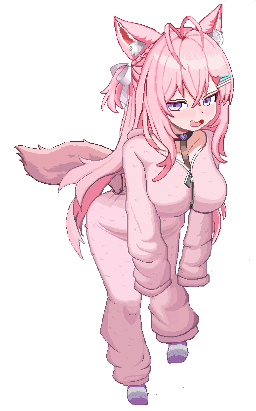 cl oor, hakui koyori, hololive, commentary, 1girl, animal ears, antenna hair, black choker, blue eyes, blush, braid, breasts, choker, clothing cutout, collarbone, crossed bangs, grey socks, hair ornament, hair ribbon, hairclip, heart, heart choker, heart hair ornament, hood, hoodie, huge breasts, leaning forward, long hair, long sleeves, looking to the side, multicolored eyes, multicolored socks, nervous smile, one side up, open mouth, pajamas, pink hair, pink hoodie, pink pajamas, pink tail, pixel art, purple eyes, purple socks, ribbon, simple background, sleeves past fingers, sleeves past wrists, smile, socks, solo, striped clothes, striped socks, tail, tail through clothes, transparent background, two-tone eyes, virtual youtuber, white ribbon, wolf ears, wolf girl, wolf tail, zipper pull tab