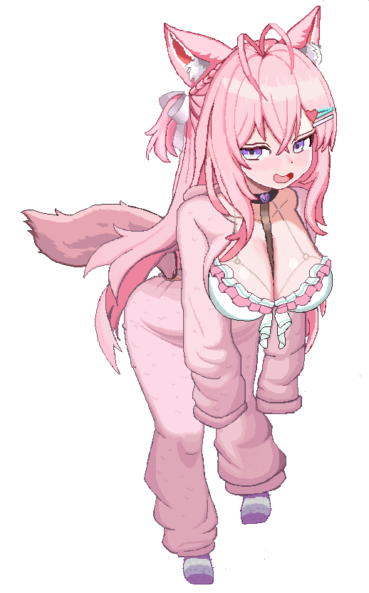 cl oor, hakui koyori, hakui koyori (summer), hololive, commentary, 1girl, animal ears, antenna hair, between breasts, bikini, bikini under clothes, black choker, blue eyes, blush, braid, breasts, breasts out, chest harness, choker, clothing cutout, collarbone, crossed bangs, frilled bikini, frills, grey socks, hair ornament, hair ribbon, hairclip, harness, heart, heart choker, heart hair ornament, hood, hoodie, huge breasts, leaning forward, long hair, long sleeves, looking to the side, multicolored eyes, multicolored socks, nervous smile, one side up, open mouth, pajamas, pink hair, pink hoodie, pink pajamas, pink tail, pixel art, purple eyes, purple socks, ribbon, simple background, sleeves past fingers, sleeves past wrists, smile, socks, solo, strap between breasts, striped clothes, striped socks, swimsuit, tail, tail through clothes, transparent background, two-tone eyes, virtual youtuber, white bikini, white ribbon, wolf ears, wolf girl, wolf tail