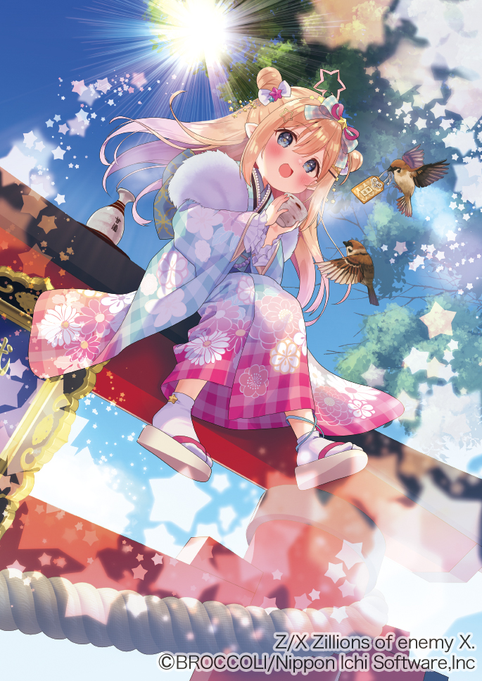 pico (p i c o), z/x, official art, 1girl, amazake (drink), bird, blue eyes, bow, choko (cup), copyright notice, cup, double bun, floral print, floral print kimono, fur-trimmed kimono, fur trim, hair between eyes, hair bow, hair bun, hair ornament, hairpin, holding, holding cup, japanese clothes, kimono, long hair, okobo, omamori, orange hair, outdoors, platform sandals, pointy ears, print kimono, sandals, sitting, socks, solo, sparrow, star (symbol), star ahoge, sun, torii, white socks, x-micamo