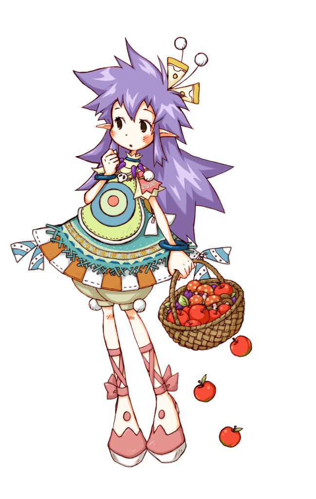yoshioka kumiko, march (trusty bell), trusty bell, official art, 1girl, apple, basket, child, female focus, food, fruit, mushroom, solo