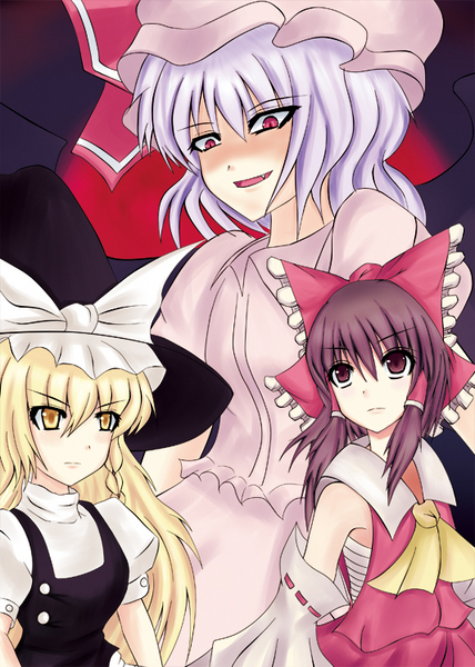 xeqj, hakurei reimu, kirisame marisa, remilia scarlet, touhou, resized, 3girls, blonde hair, blue hair, braid, brown hair, hat, multiple girls, pixiv thumbnail, sarashi