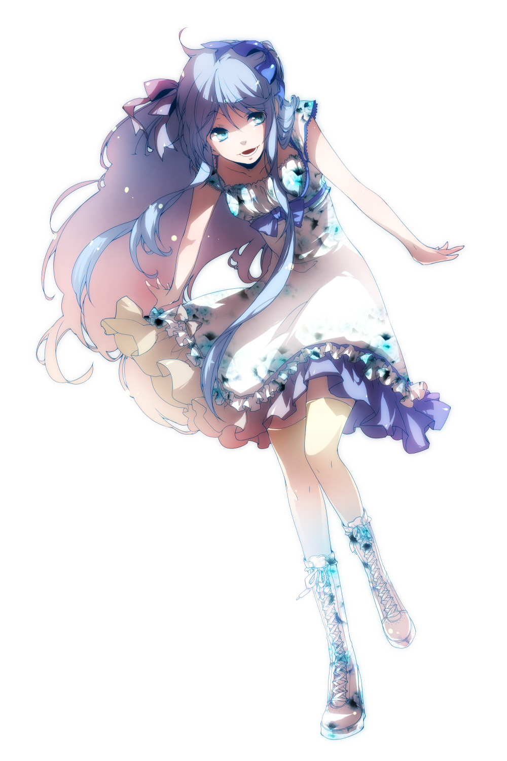 mirunai, original, highres, blue eyes, blue hair, dress, frills, long hair, ribbon, solo, thighhighs