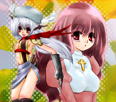 yu (ricachin), assassin cross (ragnarok online), high priest (ragnarok online), ragnarok online, commentary request, lowres, 2000s (style), 2girls, armor, black leotard, black wings, breasts, closed mouth, cowboy shot, cross, dagger, dress, grey hair, grey hat, grey skirt, hat, head wings, holding, holding dagger, holding knife, holding weapon, jamadhar, juliet sleeves, knife, leotard, long hair, long sleeves, looking at viewer, medium breasts, multiple girls, navel, pauldrons, pink dress, pink hair, puffy sleeves, red eyes, red scarf, revealing clothes, scarf, shoulder armor, skirt, smile, upper body, weapon, wings