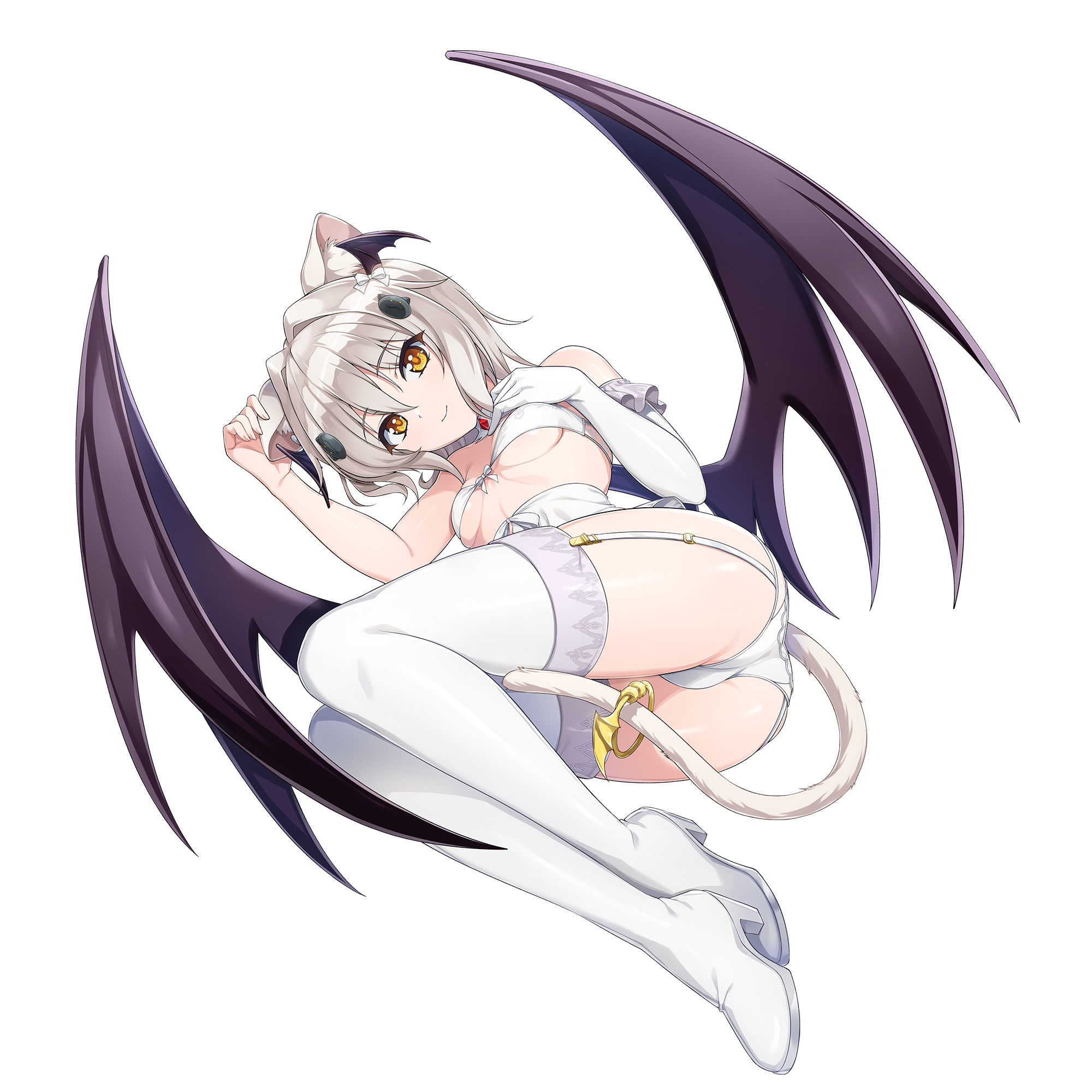 ootomo takuji, toujou koneko, dolphin wave, high school dxd, game cg, highres, non-web source, official art, 1girl, animal ears, boots, breasts, cat ears, cat girl, cat hair ornament, cat tail, demon wings, gloves, hair ornament, head wings, looking at viewer, official alternate costume, single glove, small breasts, smile, solo, tail, thigh boots, transparent background, underboob, white hair, wings, yellow eyes