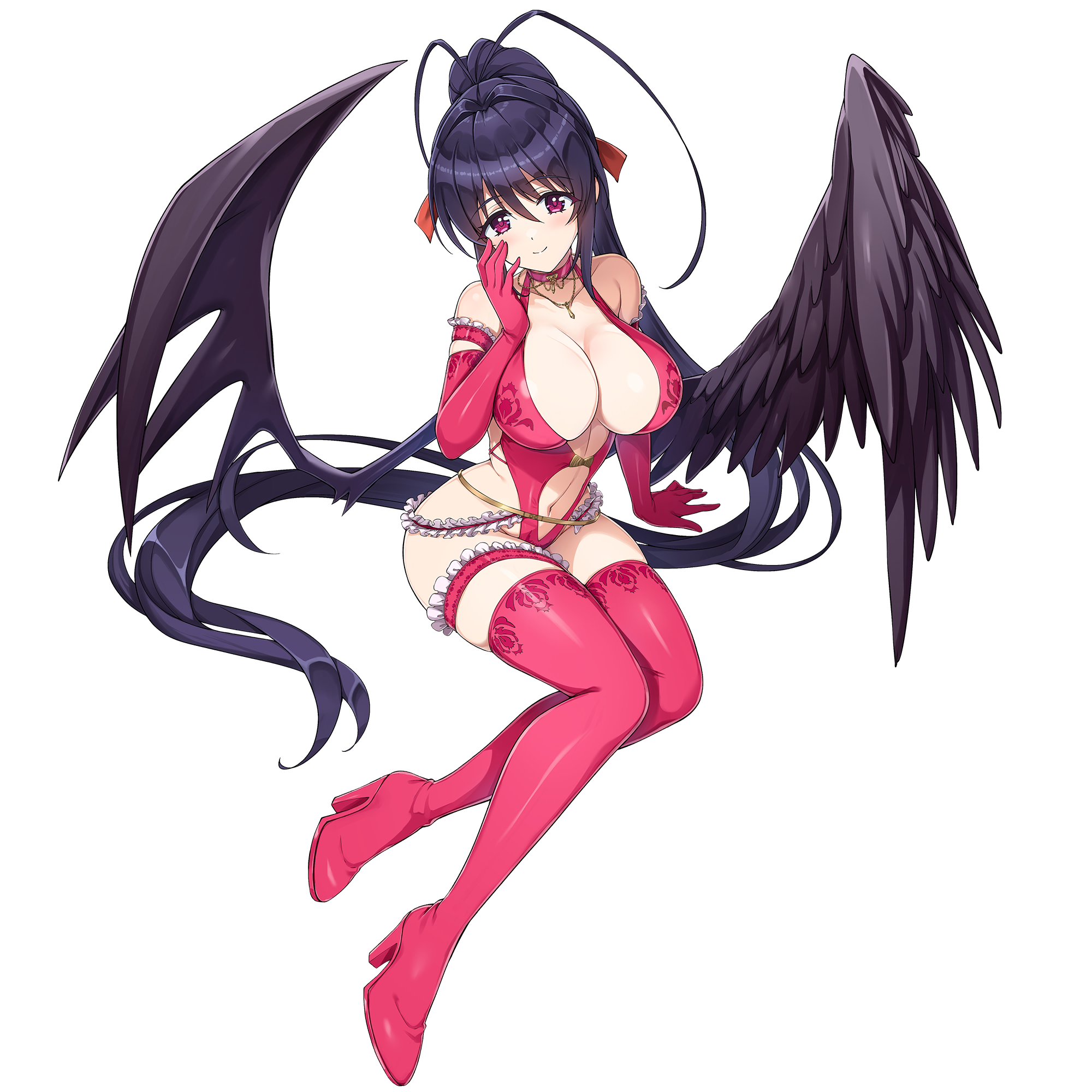 ootomo takuji, himejima akeno, dolphin wave, high school dxd, game cg, highres, non-web source, official art, 1girl, black hair, blush, boots, breasts, cleavage, closed mouth, demon wings, elbow gloves, feathered wings, gloves, hair ribbon, huge antenna hair, large breasts, leotard, long hair, looking at viewer, navel, official alternate costume, pink leotard, pink thighhighs, ponytail, purple eyes, ribbon, smile, solo, thigh boots, thighhighs, transparent background, very long hair, wings