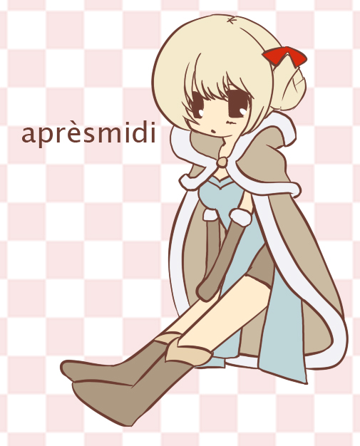 yu (ricachin), high wizard (ragnarok online), kathryne keyron, ragnarok online, commentary request, 1girl, 2000s (style), :o, black eyes, blonde hair, blue dress, boots, bow, brown boots, brown cape, brown gloves, cape, checkered background, double bun, dress, elbow gloves, flat color, french text, full body, fur-trimmed cape, fur-trimmed gloves, fur trim, gloves, hair bow, hair bun, invisible chair, knee boots, looking at viewer, open mouth, pink background, red bow, short hair, sitting, solo, white background