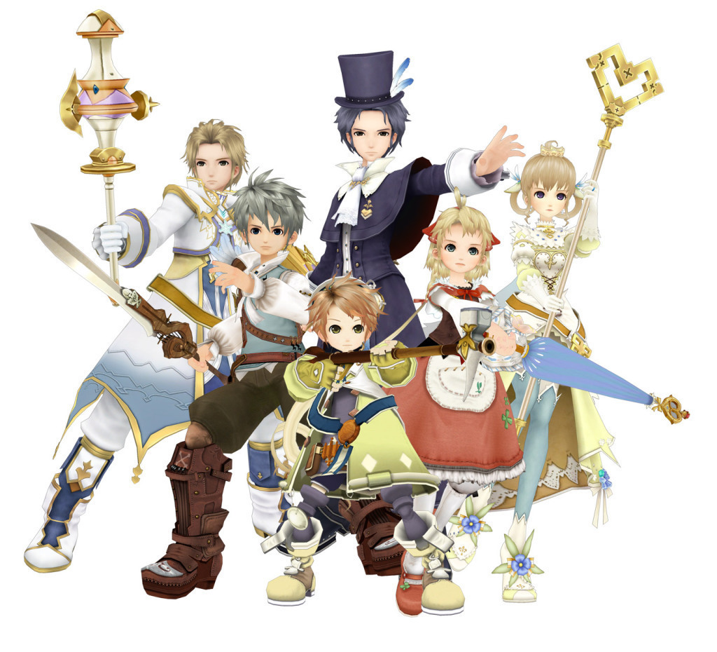 allegretto, beat, beat (trusty bell), crescendo (trusty bell), frederic chopin (trusty bell), polka (trusty bell), serenade (trusty bell), trusty bell, official art, 2girls, 3d, 4boys, closed umbrella, hat, multiple boys, multiple girls, staff, sword, umbrella, weapon