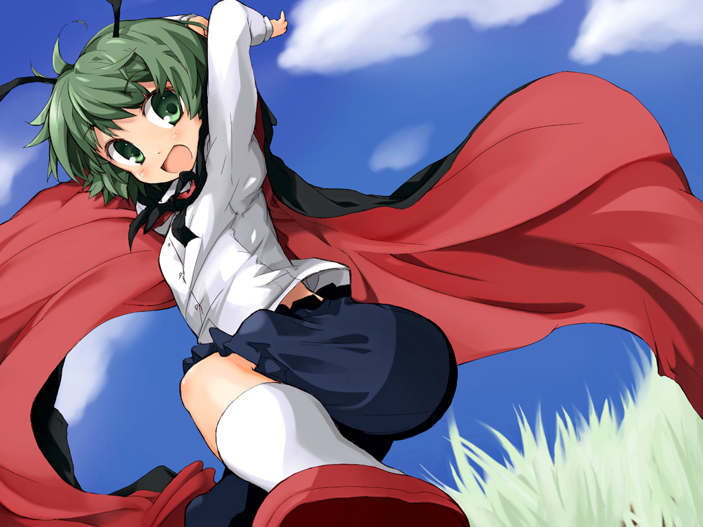 midori ya, ozaki, wriggle nightbug, touhou, bad id, bad pixiv id, 1girl, antennae, cape, female focus, green eyes, green hair, matching hair/eyes, short hair, solo