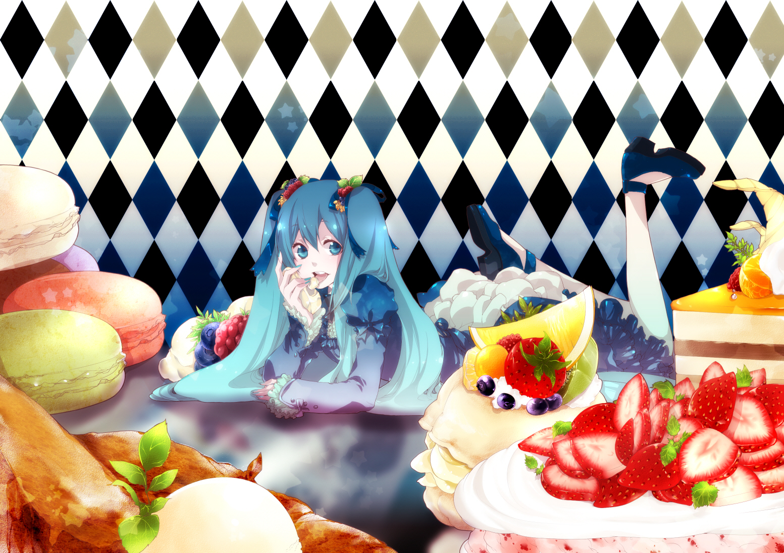 mirunai, hatsune miku, vocaloid, white legwear, 1girl, aqua eyes, aqua hair, argyle background, argyle clothes, berry, blue dress, blue nails, blue shoes, cake, dress, eating, female focus, food, food-themed clothes, frilled sleeves, frills, fruit, hair ornament, long hair, lying, macaron, nail polish, on stomach, pastry, shoes, solo, strawberry, twintails, very long hair