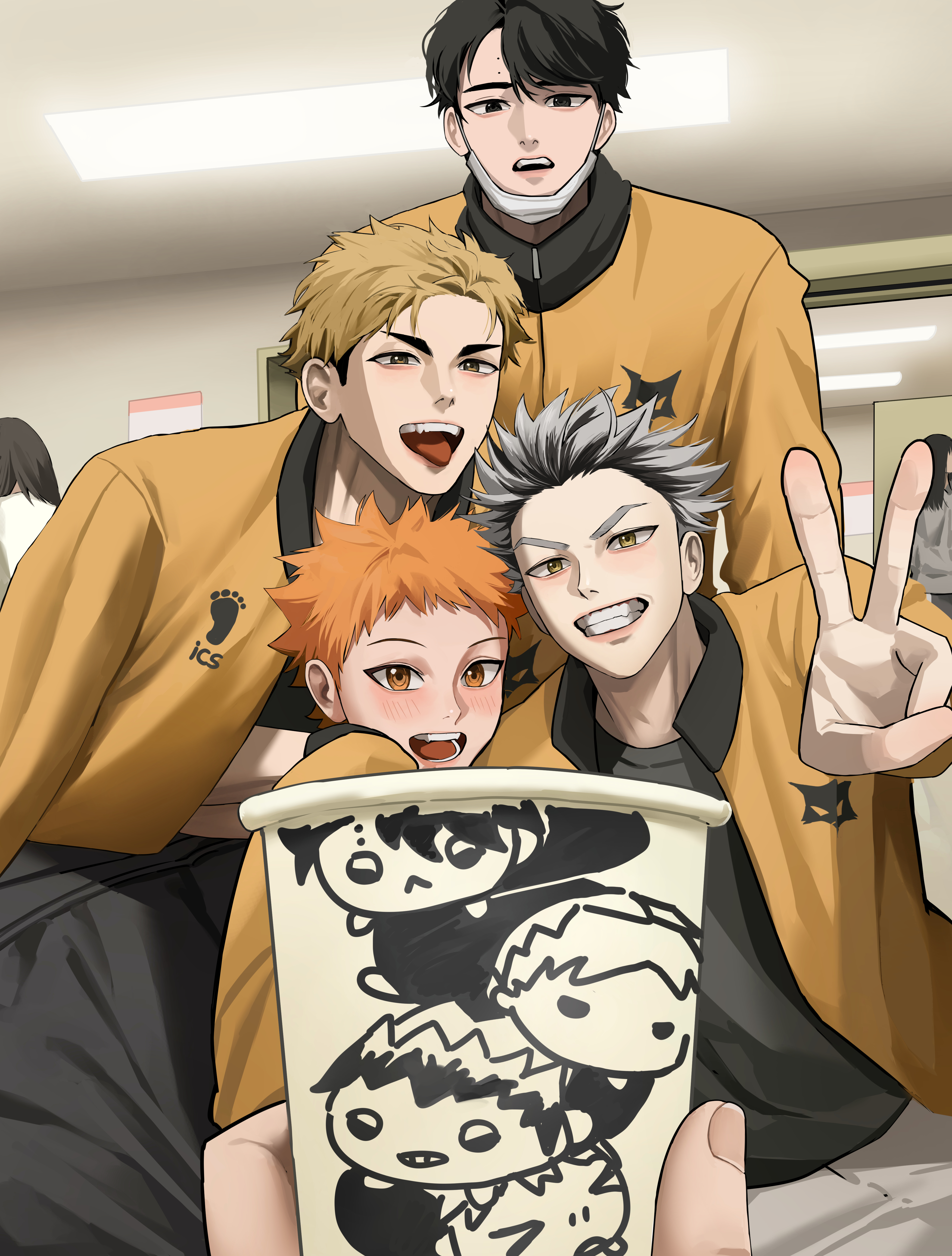 shujxxn, bokuto koutarou, hinata shouyou, miya atsumu, sakusa kiyoomi, haikyuu!!, absurdres, commentary, highres, 4boys, aged down, black eyes, black hair, blonde hair, blush, brown eyes, brown hair, fangs, grey hair, jacket, looking at viewer, male focus, mask, mask pull, mismatched eyebrows, mole, mole on forehead, mouth mask, msby black jackals jacket, multicolored hair, multiple boys, open mouth, orange hair, orange jacket, out of frame, short hair, teeth, tongue, tongue out, two-tone hair, unzipped, upper teeth only, v, white mask, yellow eyes, zipper, zipper pull tab