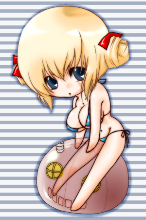 yu (ricachin), kathryne keyron, metaling, ragnarok online, commentary request, lowres, 1girl, 2000s (style), alternate costume, bikini, blonde hair, blue bikini, blue eyes, bow, breasts, chibi, chibi only, cleavage, full body, grey background, hair bow, large breasts, looking at viewer, open mouth, red bow, short hair, slime (creature), solo, striped background, swimsuit
