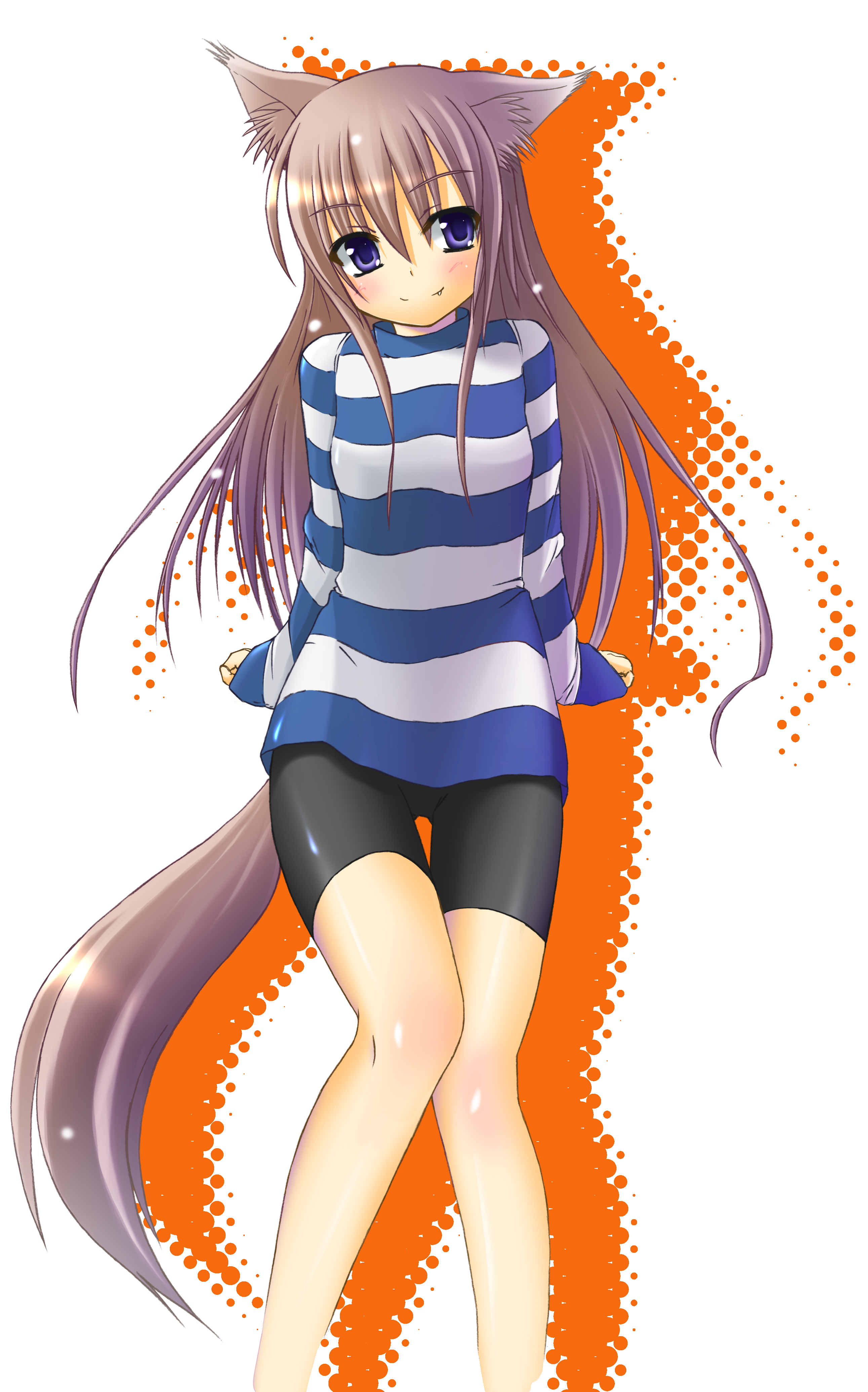 kotaru, mizunoe kotaru, original, absurdres, highres, animal ears, bike shorts, blue eyes, blush, dog ears, fang, long hair, long shirt, smile, solo, striped clothes, striped sweater, sweater, tail