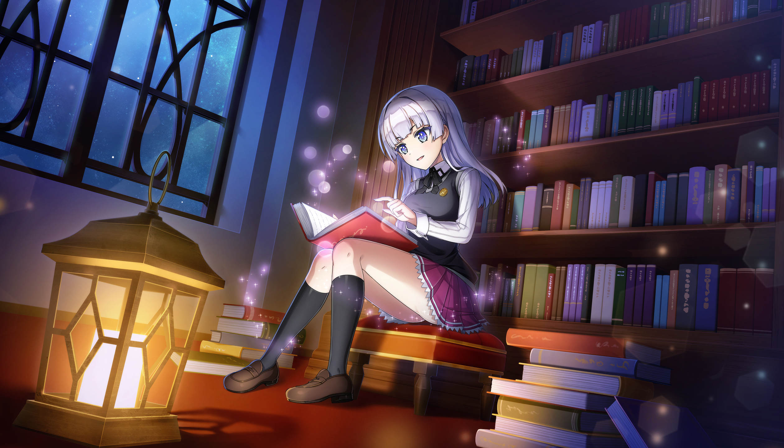 ootomo takuji, schnee weissberg, dolphin wave, high school dxd, game cg, highres, non-web source, official art, 1girl, blue eyes, book, holding, holding book, kuoh academy school uniform, lantern, library, long hair, looking at viewer, night, open mouth, purple hair, reading, school uniform, sitting, smile