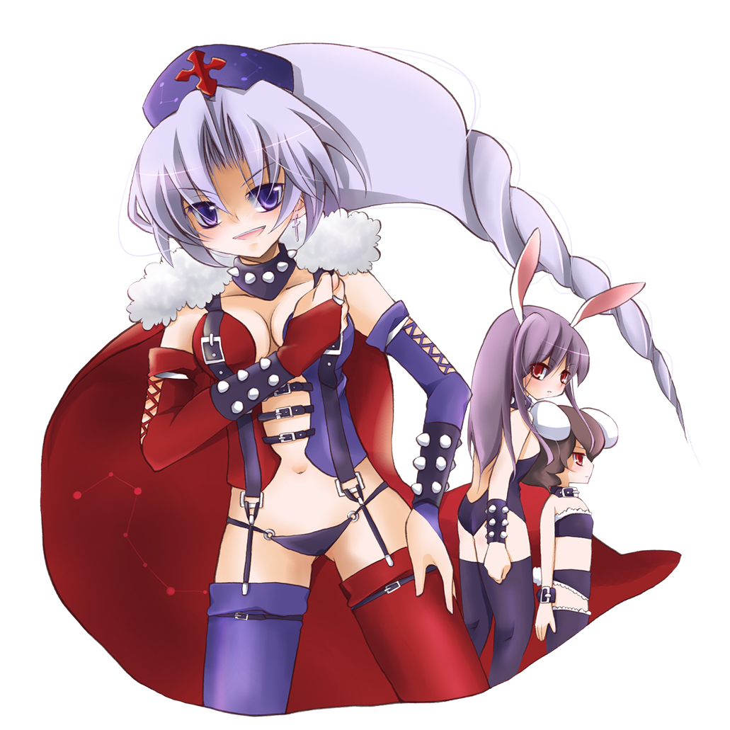 shirishiriu-tan (pixiv), inaba tewi, reisen udongein inaba, yagokoro eirin, touhou, silver hair, 3girls, animal ears, blue eyes, braid, brown hair, dominatrix, female focus, flat chest, hat, long hair, multiple girls, purple hair, rabbit ears, red eyes, thighhighs