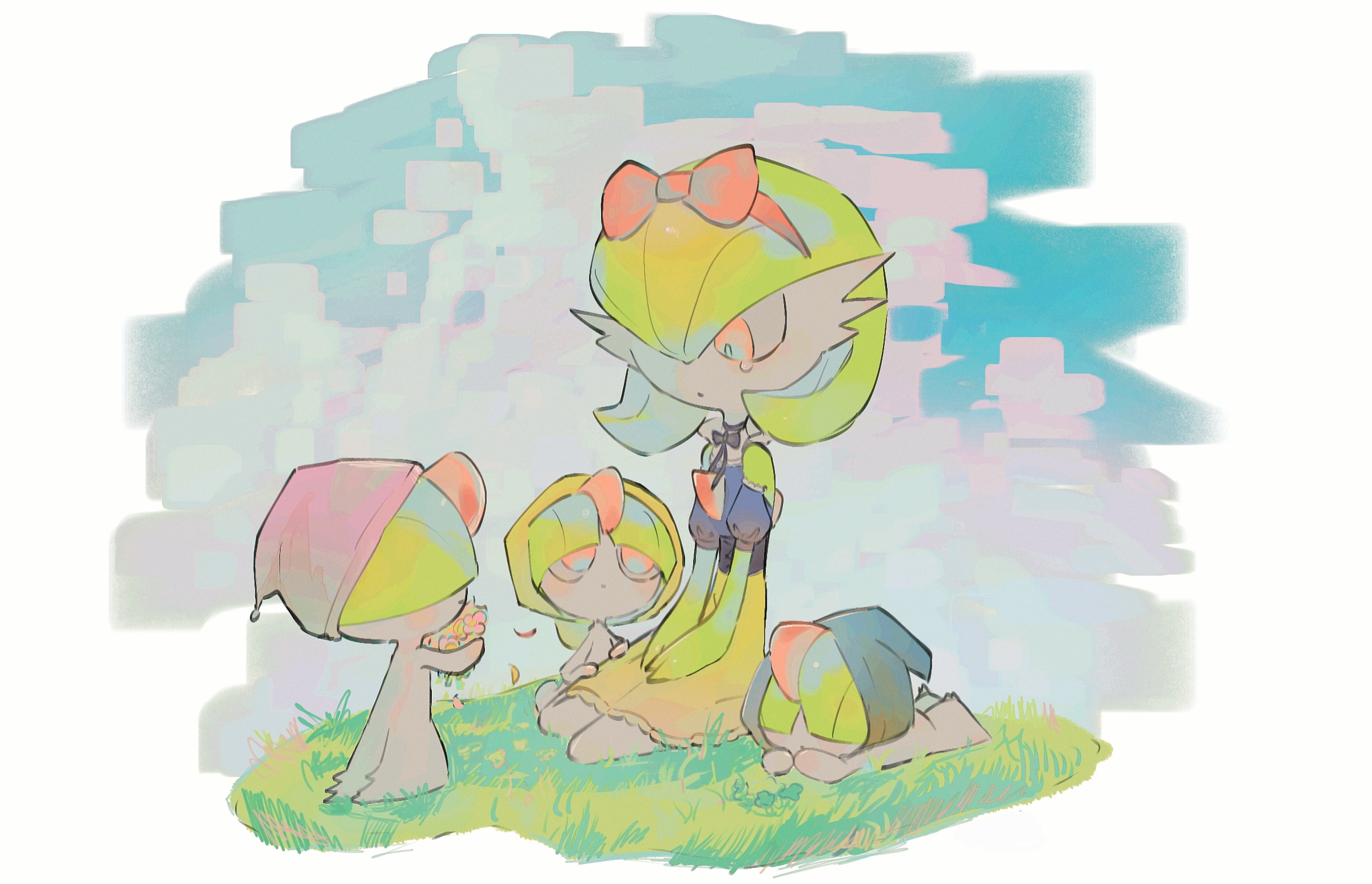 jari (jje11y12), gardevoir, ralts, snow white (fairy tale character), nintendo, pokemon, snow white (fairy tale), 1girl, 3others, bare shoulders, black bow, black bowtie, blue hat, blue shirt, blue sky, blunt bangs, bob cut, border, bow, bowl cut, bowtie, closed mouth, cloud, colored skin, cosplay, covered eyes, day, dot mouth, flat chest, flower, full body, gen 3 pokemon, grass, green hair, green skin, hair bow, hair over eyes, hair over one eye, hairband, hat, high-waist skirt, holding, holding flower, looking at another, looking up, lying, multicolored skin, multiple others, on ground, on stomach, one eye covered, outdoors, own hands together, petals, pink flower, pink hat, pokemon (creature), puffy short sleeves, puffy sleeves, red bow, red eyes, red hairband, shirt, short hair, short sleeves, sitting, skirt, sky, snow white (fairy tale character) (cosplay), standing, tears, two-tone skin, wariza, white border, white skin, yellow hat, yellow skirt
