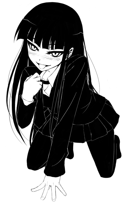 natsu (die mauer der leere), natsu (pixiv), female protagonist (houkago play), natsu, houkago play, bad id, bad pixiv id, 1girl, :p, adjusting clothes, adjusting necktie, arm support, blunt bangs, blush, female focus, greyscale, hime cut, long hair, long sleeves, monochrome, naughty face, necktie, no shoes, pantyhose, school uniform, skirt, slit pupils, solo, tongue, tongue out