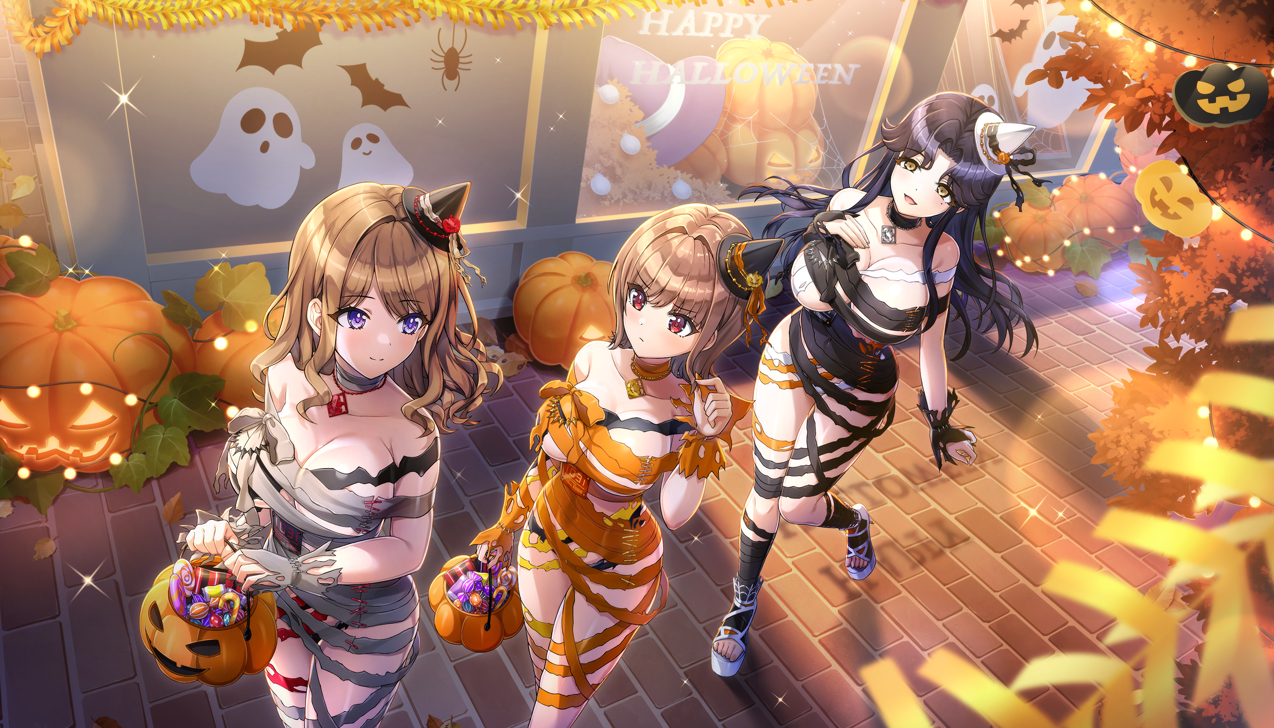 ootomo takuji, hirasaka yuno, kamie tsugumi, suminoe shion, dolphin wave, game cg, highres, non-web source, official art, 3girls, bandages, bat (animal), black hair, breasts, brown hair, candy, cleavage, closed mouth, food, ghost, halloween, halloween bucket, halloween costume, happy halloween, hat, jack-o'-lantern, large breasts, lollipop, long hair, multiple girls, mummy costume, naked bandage, open mouth, outdoors, pumpkin, purple eyes, red eyes, short hair, smile, walking, wig, witch hat, yellow eyes