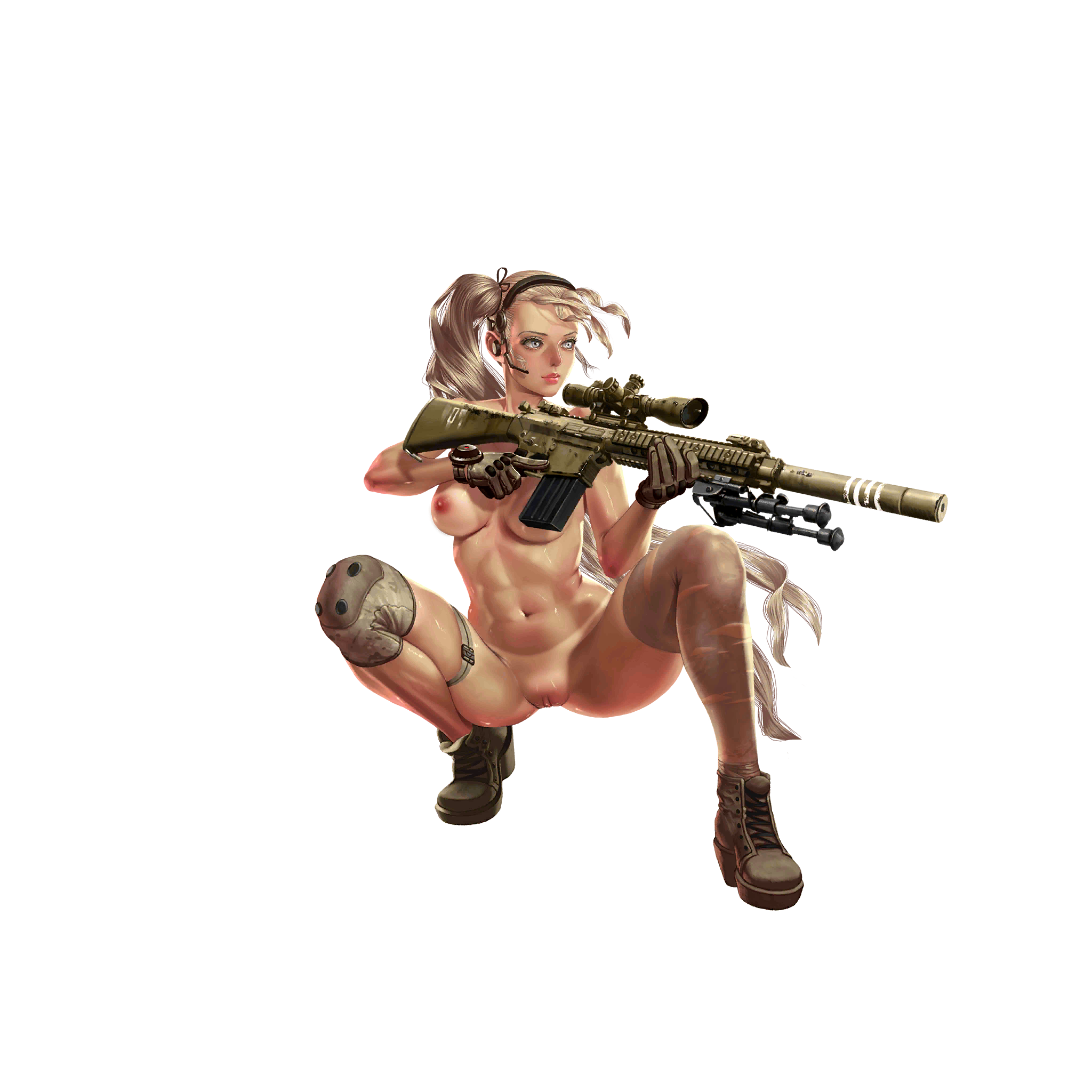 crystal maiden (series), artist request, game cg, highres, official art, variant set, 1girl, abs, bipod, blonde hair, blue eyes, boots, breasts, closed mouth, full body, gloves, gun, headset, holding, holding gun, holding weapon, justice (crystal maidens), looking to the side, navel, nipples, nude, pussy, rifle, scope, short sleeves, sniper rifle, solo, sr-25, suppressor, thigh strap, transparent background, watch, weapon
