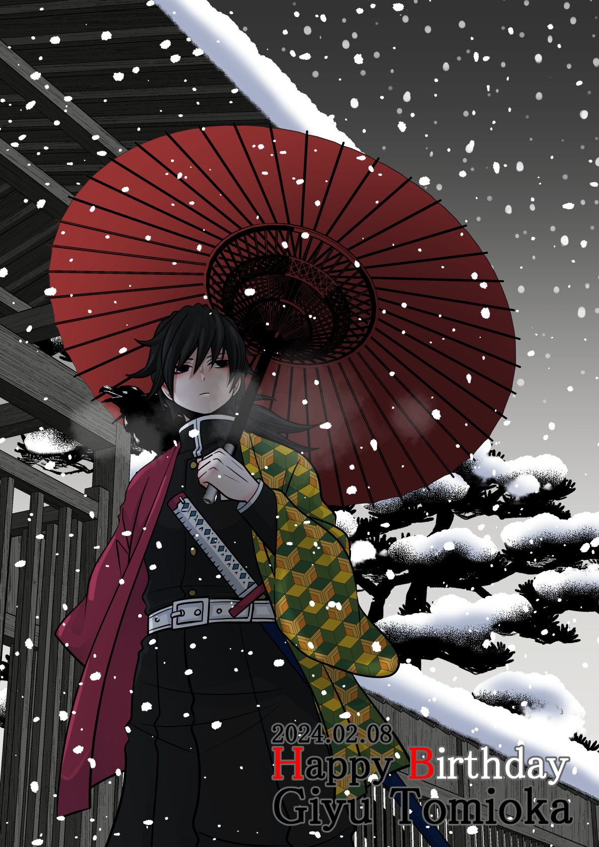 tomioka giyuu, kimetsu no yaiba, highres, 1boy, belt, black hair, black jacket, black pants, blue eyes, buttons, character name, dated, demon slayer uniform, english text, gold buttons, haori, happy birthday, hat omune, high collar, holding, holding umbrella, jacket, japanese clothes, kikkoumon, low ponytail, male focus, outdoors, pants, ponytail, print haori, red haori, snow, solo, spiked hair, standing, umbrella, white belt