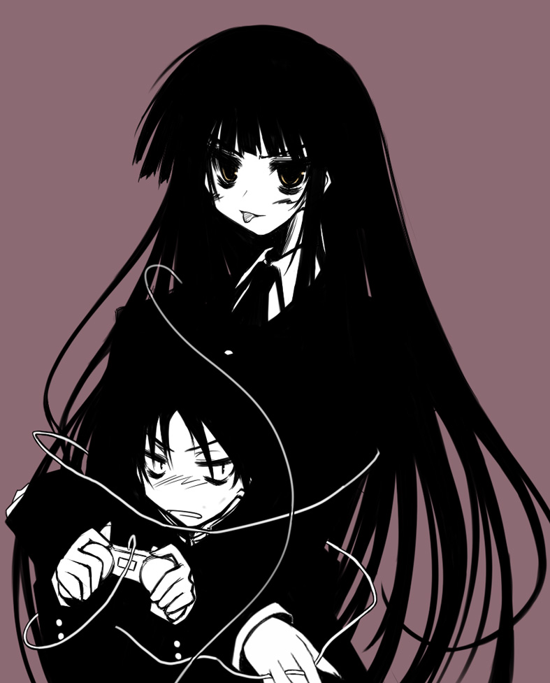 koka (pixiv135454), female protagonist (houkago play), male protagonist (houkago play), houkago play, 1boy, 1girl, :p, long hair, tongue, tongue out, very long hair