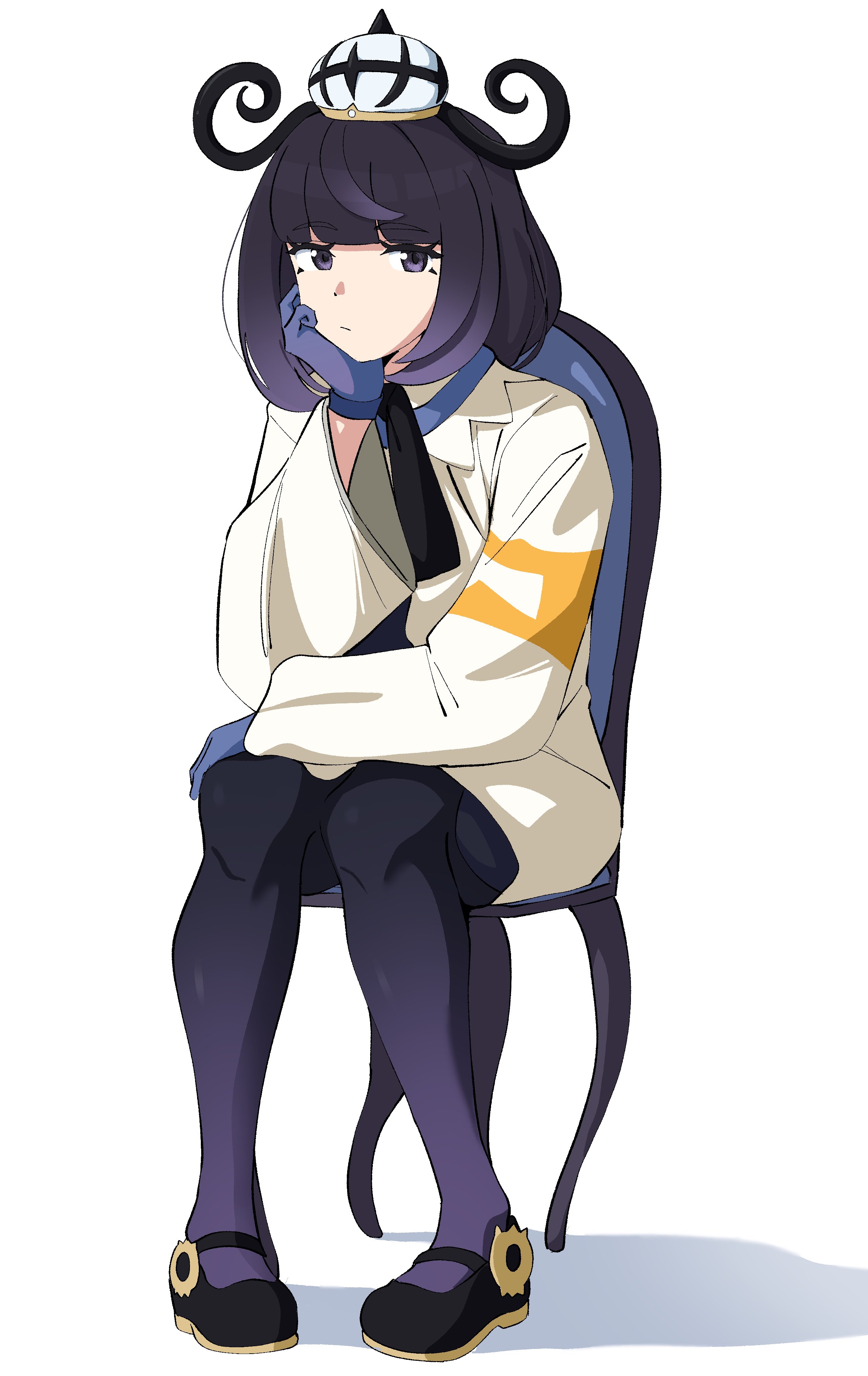 uchuu no mozuku, gwynn (pokemon), nintendo, pokemon, pokemon legends: z-a, absurdres, highres, 1girl, black hair, black shoes, blunt bangs, chair, closed mouth, coat, eyelashes, gloves, gradient hair, long sleeves, looking at viewer, multicolored hair, on chair, pantyhose, purple eyes, purple hair, shoes, short hair, sitting, solo, white background, white coat, wide sleeves