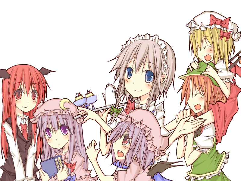 natsuk, flandre scarlet, hong meiling, izayoi sakuya, koakuma, patchouli knowledge, remilia scarlet, embodiment of scarlet devil, touhou, 6+girls, bat wings, book, carrying, female focus, food, head wings, multiple girls, piggyback, pudding, shoulder carry, wings