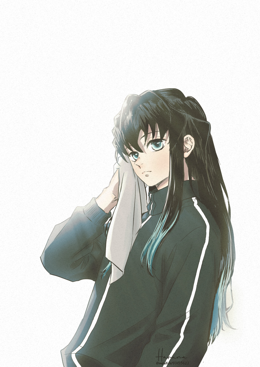 tokitou muichirou, kimetsu no yaiba, 1boy, alternate costume, aqua eyes, aqua hair, black hair, black jacket, closed mouth, hair between eyes, haruna (runa27), jacket, long hair, long sidelocks, looking at viewer, male focus, multicolored hair, sidelocks, simple background, solo, two-tone hair, white background