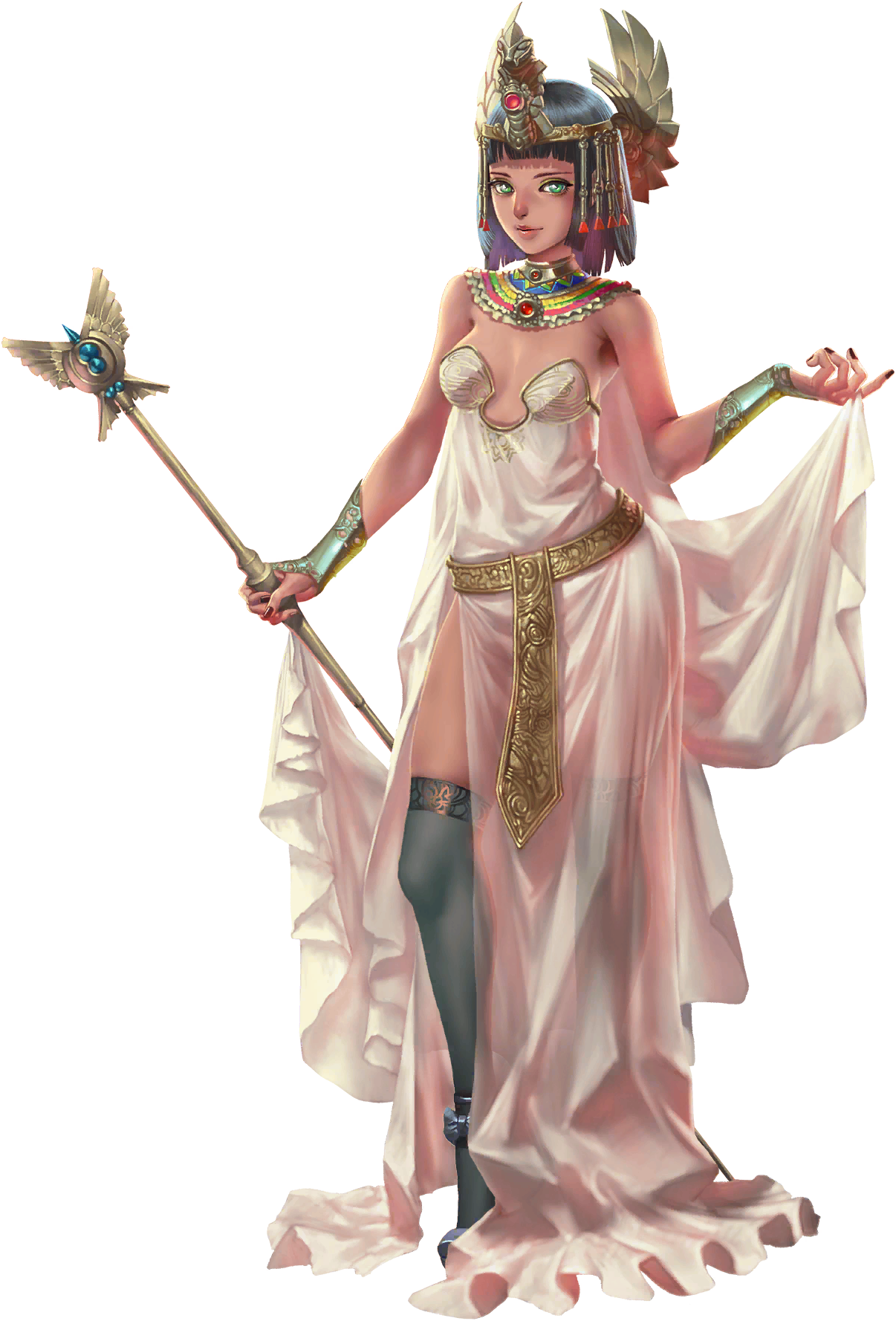 crystal maiden (series), artist request, bad source, game cg, highres, official art, third-party source, variant set, 1girl, ancient egyptian clothes, bare arms, black bow, black hair, bow, breasts, cleavage, full body, green eyes, holding, holding staff, kebi (crystal maidens), nail polish, solo, staff, transparent background, usekh collar