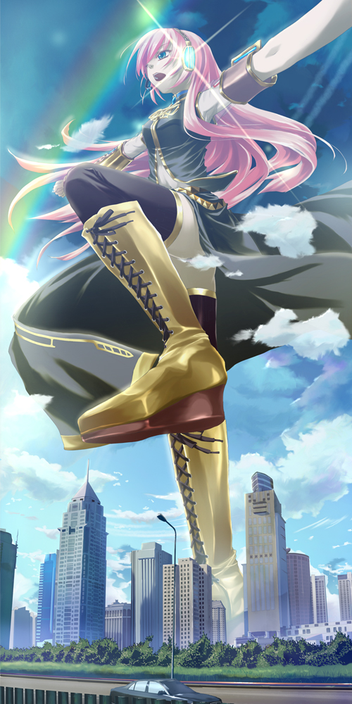 kochipu, kochipu2, megurine luka, double lariat (vocaloid), ultra series, vocaloid, bad id, bad pixiv id, 1girl, armpits, boots, building, city, cloud, day, female focus, giant, giantess, huge giantess, knee boots, long hair, open mouth, pink hair, sky, solo, thighhighs, very long hair