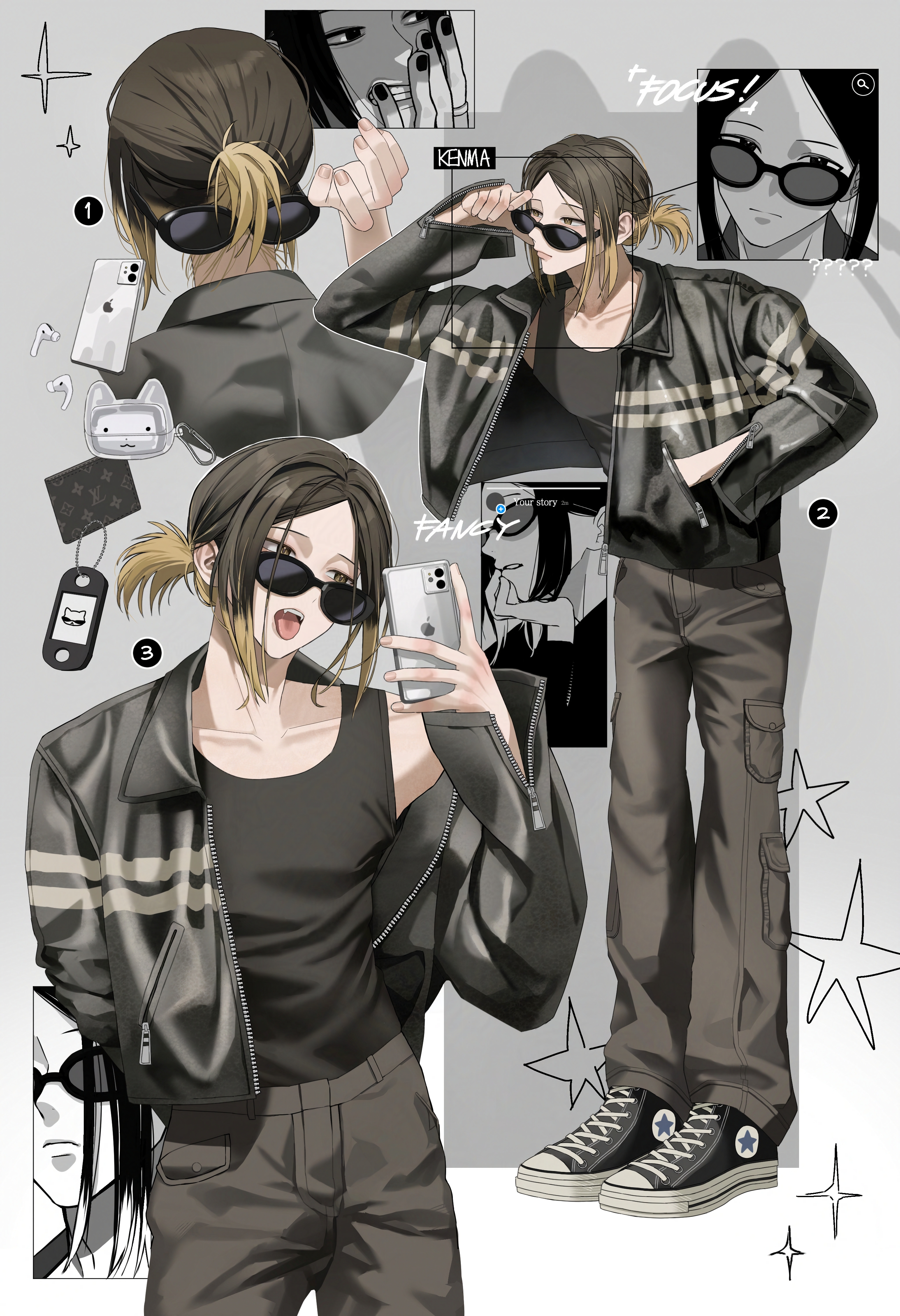 shujxxn, kozume kenma, converse, haikyuu!!, absurdres, commentary, highres, 1boy, ?, airpods, alternate costume, black hair, black tank top, cellphone, character name, full-length zipper, full body, grey pants, hand in pocket, holding, holding phone, iphone, jacket, looking at phone, male focus, mirror selfie, multicolored hair, multiple views, pants, phone, pocket, selfie, shirt tucked in, short hair, single off shoulder, sleeve zipper, smartphone, streaked hair, tank top, tongue, tongue out, two-tone hair, wireless earphones, yellow eyes, zipper, zipper pull tab