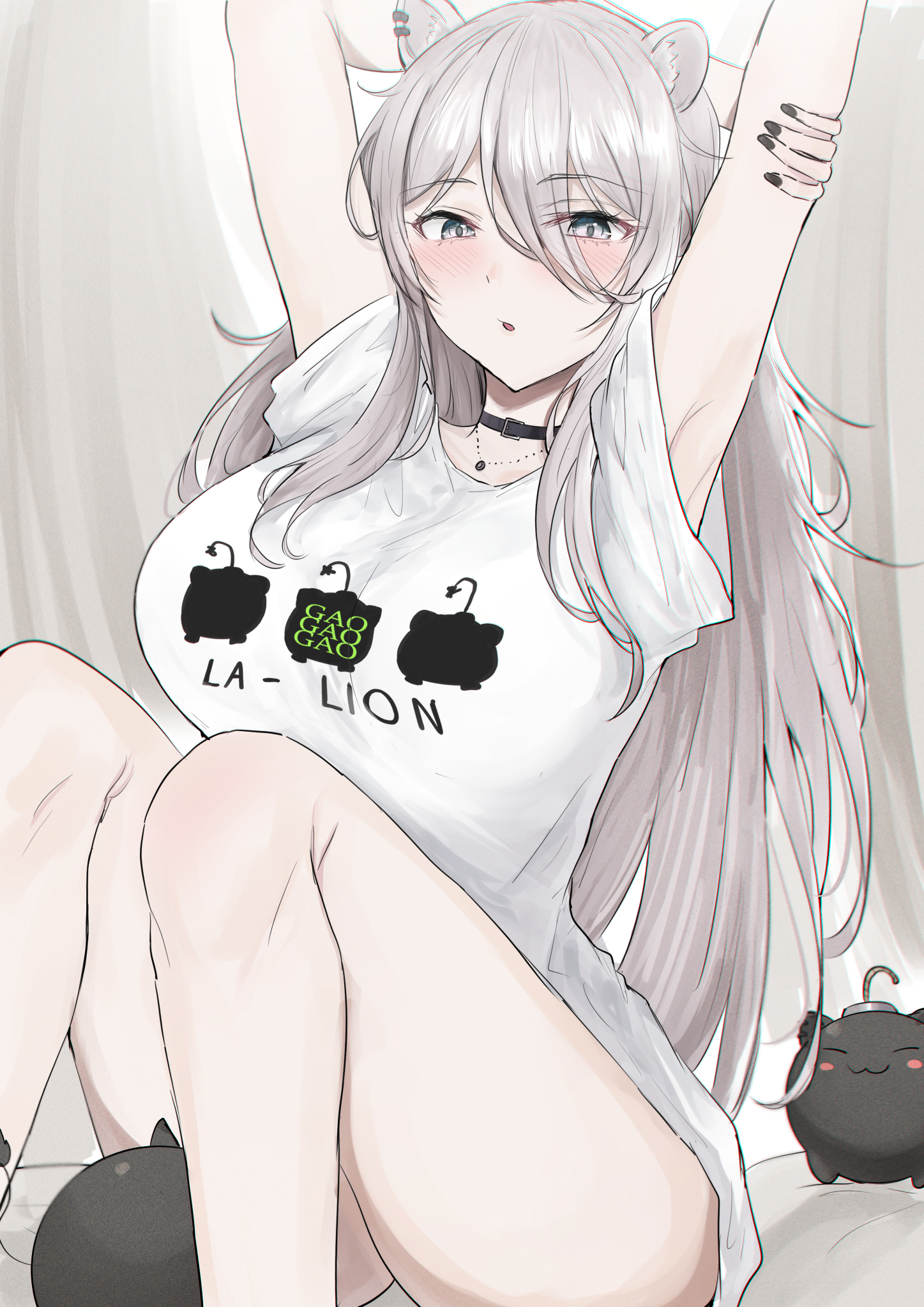 sakiya (sak1 01), shishiro botan, shishiro botan (midnight convenience store), ssrb (shishiro botan), hololive, highres, 1girl, animal ear piercing, armpits, arms behind head, arms up, black choker, black nails, blush, breasts, choker, closed mouth, grey eyes, grey hair, large breasts, long hair, looking at viewer, nail polish, official alternate costume, official alternate hairstyle, open mouth, shirt, solo, very long hair, virtual youtuber, white shirt