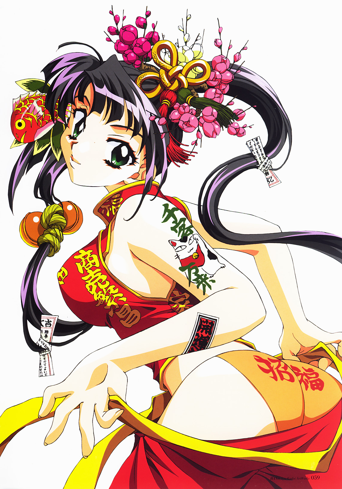 kadoi aya, highres, 1girl, ass, bare arms, bell, body writing, breasts, china dress, chinese clothes, clothes writing, dress, dressing, female focus, fish, fish hair ornament, flower, from side, green eyes, hair bell, hair flower, hair ornament, jingle bell, large breasts, lips, looking back, maneki-neko, ofuda, orange panties, panties, purple hair, shirt, simple background, sleeveless, sleeveless shirt, solo, tassel, tattoo, tsurime, underwear, white background