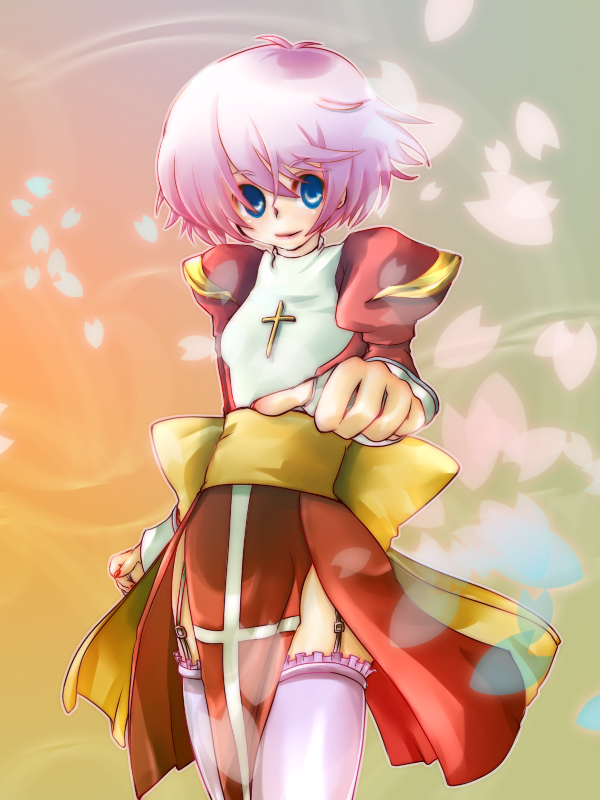 yu (ricachin), high priest (ragnarok online), ragnarok online, commentary request, 1girl, 2000s (style), blue eyes, closed mouth, cowboy shot, cross, cross print, dress, frilled thighhighs, frills, garter straps, green background, juliet sleeves, long sleeves, looking at viewer, pelvic curtain, petals, pink hair, pink thighhighs, puffy sleeves, reaching, reaching towards viewer, red dress, sash, short hair, smile, solo, thighhighs, two-tone dress, white dress, yellow sash