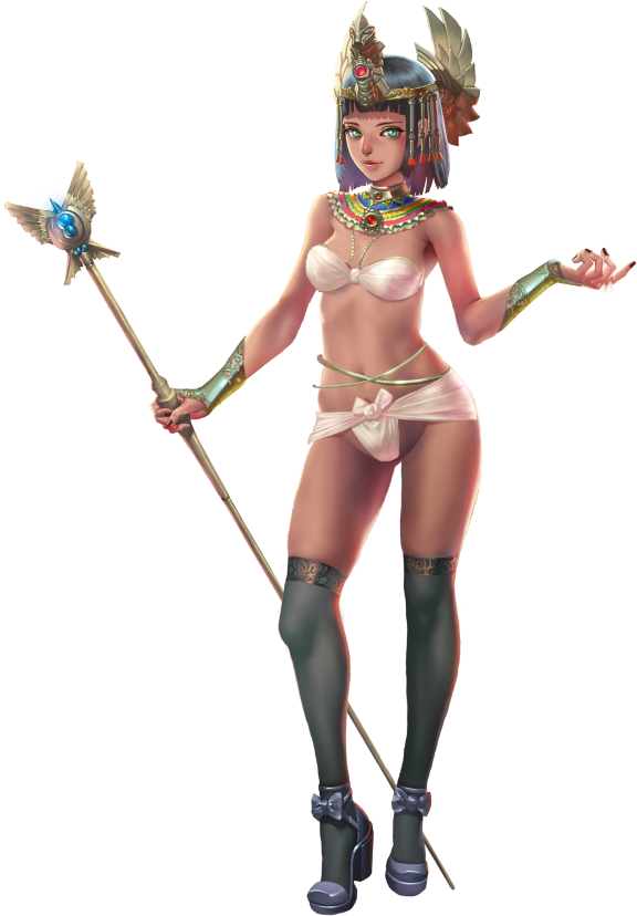 crystal maiden (series), artist request, game cg, official art, variant set, 1girl, ancient egyptian clothes, bare arms, black bow, black hair, bow, bra, breasts, cleavage, full body, green eyes, groin, high heels, holding, holding staff, kebi (crystal maidens), nail polish, navel, solo, staff, transparent background, underwear, usekh collar, white bra