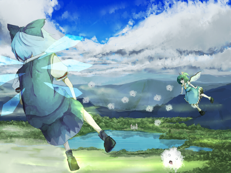 tokoroten (hmmuk), cirno, daiyousei, kedama (touhou), embodiment of scarlet devil, touhou, bad id, bad pixiv id, 2girls, female focus, flying, lake, multiple girls, nature, outdoors, plant, scarlet devil mansion, skirt, sky