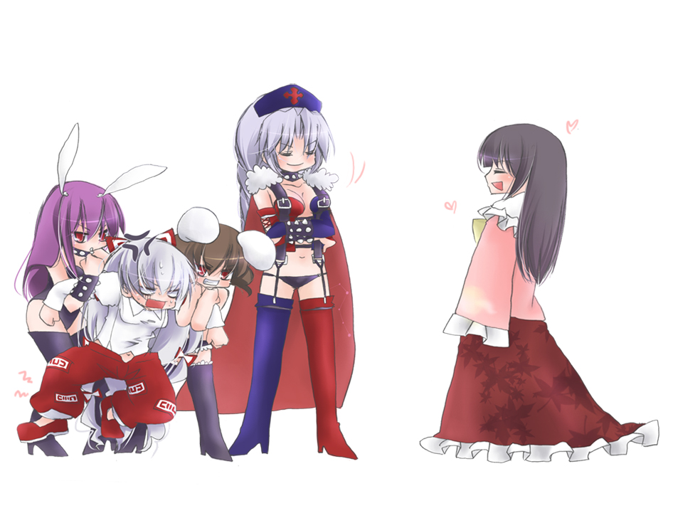 shirishiriu-tan (pixiv), fujiwara no mokou, houraisan kaguya, inaba tewi, reisen udongein inaba, yagokoro eirin, touhou, silver hair, 5girls, 6+girls, animal ears, black hair, bow, braid, brown hair, cape, everyone, female focus, femdom, hair bow, hair ribbon, hat, long hair, multiple girls, purple hair, rabbit ears, red eyes, ribbon, thighhighs, you gonna get raped