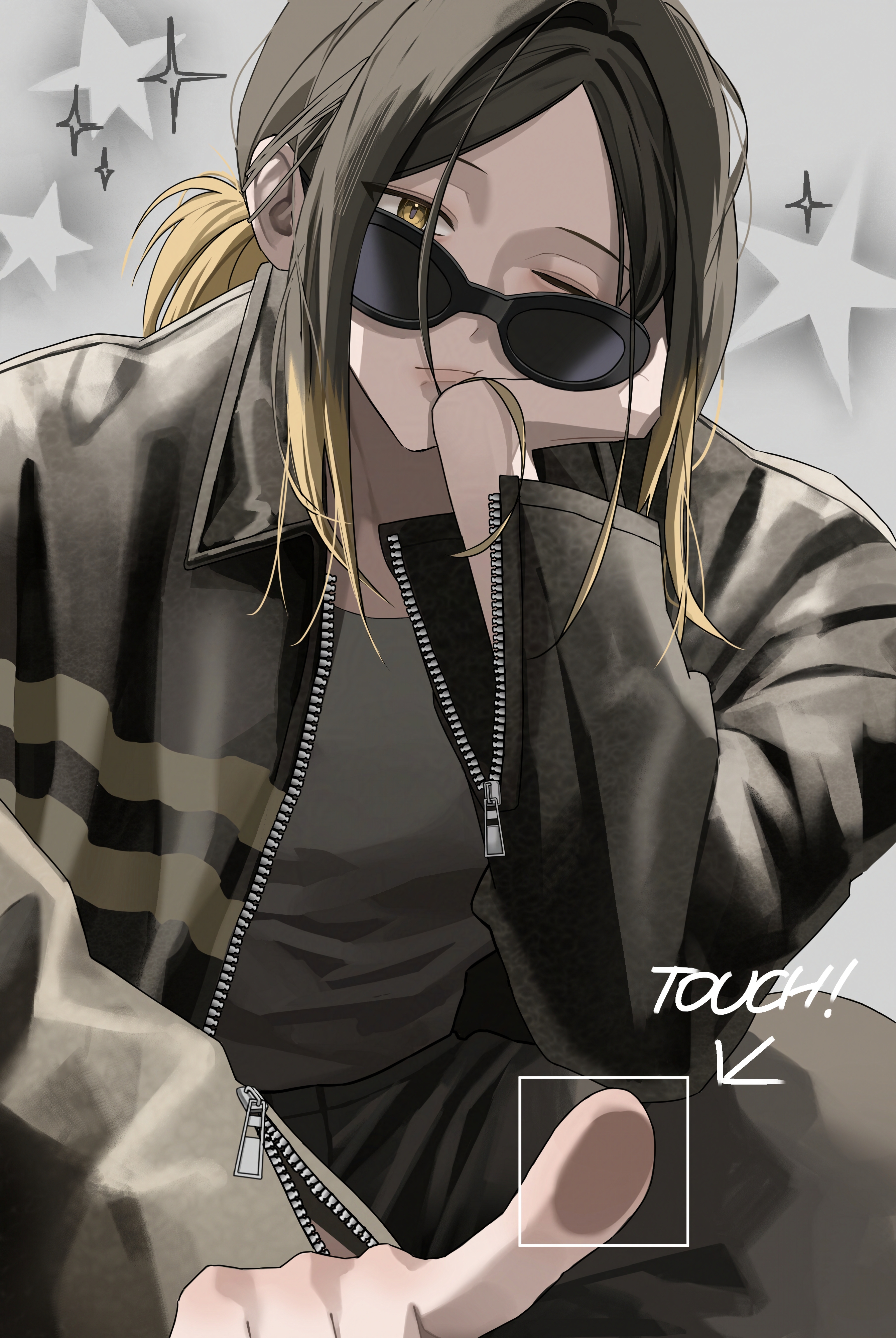 shujxxn, kozume kenma, haikyuu!!, absurdres, commentary, highres, 1boy, black hair, closed mouth, full-length zipper, hand on own face, looking at viewer, male focus, medium hair, multicolored hair, one eye closed, short hair, sleeve zipper, slit pupils, solo, sparkle, star (symbol), two-tone hair, yellow eyes, zipper, zipper pull tab