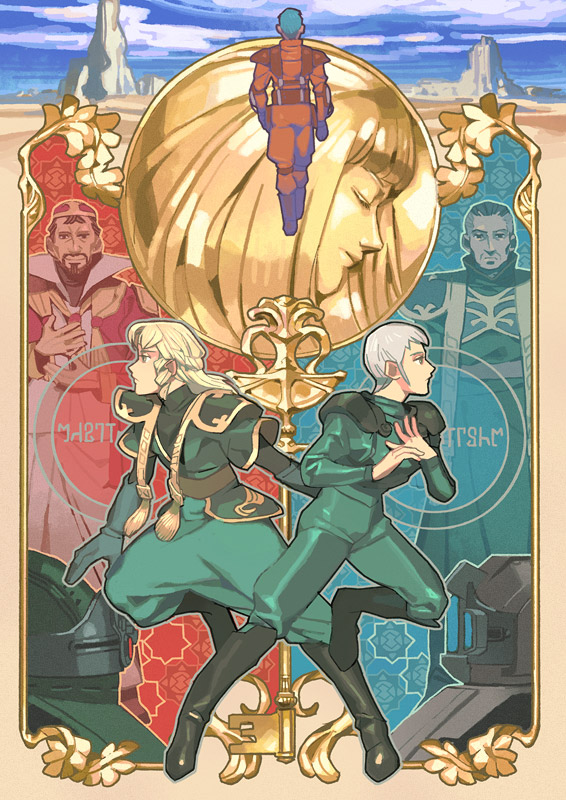 sarmat, chirico cuvie, soukou kihei votoms, character request, armored trooper, beard, blonde hair, blue hair, closed mouth, facial hair, mecha, multiple boys, robot