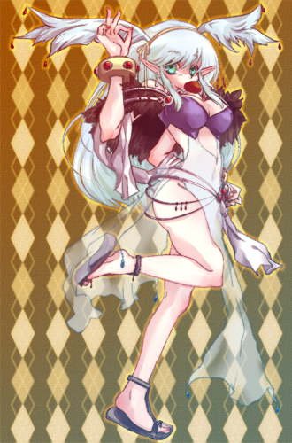 yu (ricachin), sorcerer (ragnarok online), ragnarok online, commentary request, lowres, 1girl, 2000s (style), argyle background, black sandals, breasts, brown background, covered navel, dress, fake wings, feathered wings, full body, green eyes, hand up, head wings, large breasts, long hair, looking at viewer, looking to the side, pointy ears, sandals, see-through clothes, see-through dress, side slit, sleeveless, sleeveless dress, solo, standing, standing on one leg, white dress, wings