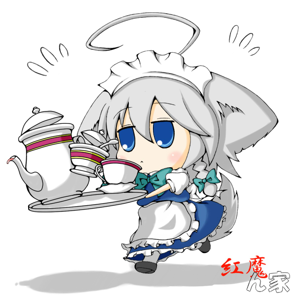 nawiria, nawiria vire, nejikirio, inu sakuya (nejikirio), izayoi sakuya, m.u.g.e.n, touhou, 1girl, :<, ahoge, animal ears, blue eyes, braid, chibi, cup, dog ears, dog tail, dress, female focus, grey hair, maid, maid headdress, short hair, solo, tail, tea, teacup, teapot, tray, twin braids