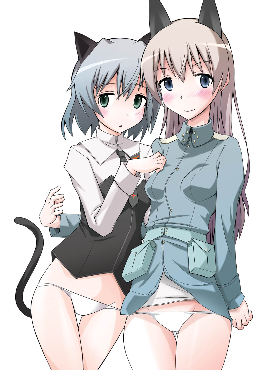 rentaichou, eila ilmatar juutilainen, sanya v. litvyak, strike witches, world witches series, uniform, highres, jpeg artifacts, 00s, 2girls, animal ears, blush, multiple girls, panties, tail, underwear