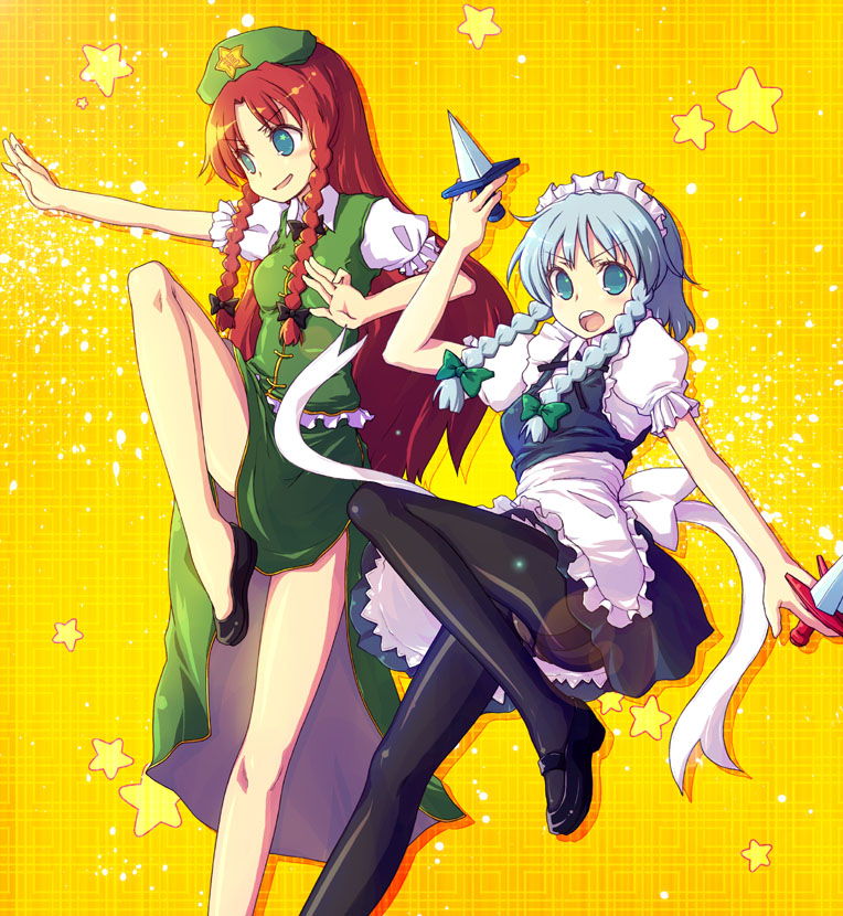 kimarin, hong meiling, izayoi sakuya, embodiment of scarlet devil, touhou, black legwear, 2girls, blue eyes, blue hair, crotch seam, female focus, knife, maid, multiple girls, panties, panties under pantyhose, pantyhose, pantyshot, red hair, thighband pantyhose, throwing knife, underwear, upskirt, weapon