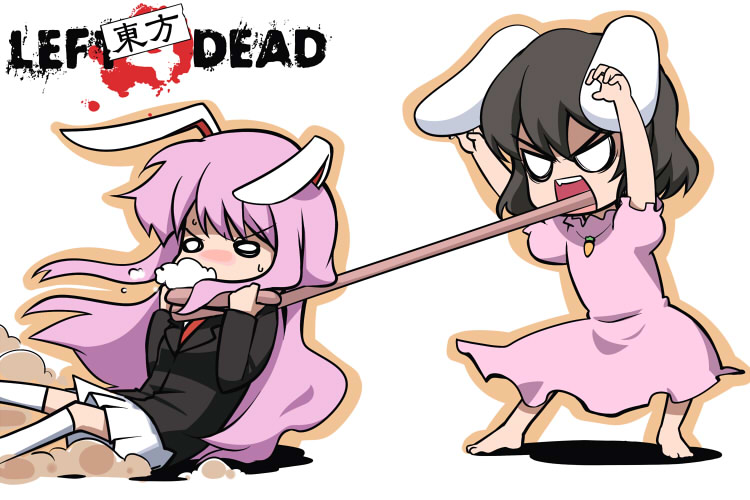 youkan, inaba tewi, reisen udongein inaba, smoker (left4dead), left 4 dead, left 4 dead 1, touhou, 2girls, animal ears, arms up, barefoot, black hair, blazer, carrot, dress, female focus, foam, foaming at the mouth, jacket, long tongue, multiple girls, necktie, o o, parody, pink dress, purple hair, rabbit ears, short hair, skirt, socks, tongue, tongue out