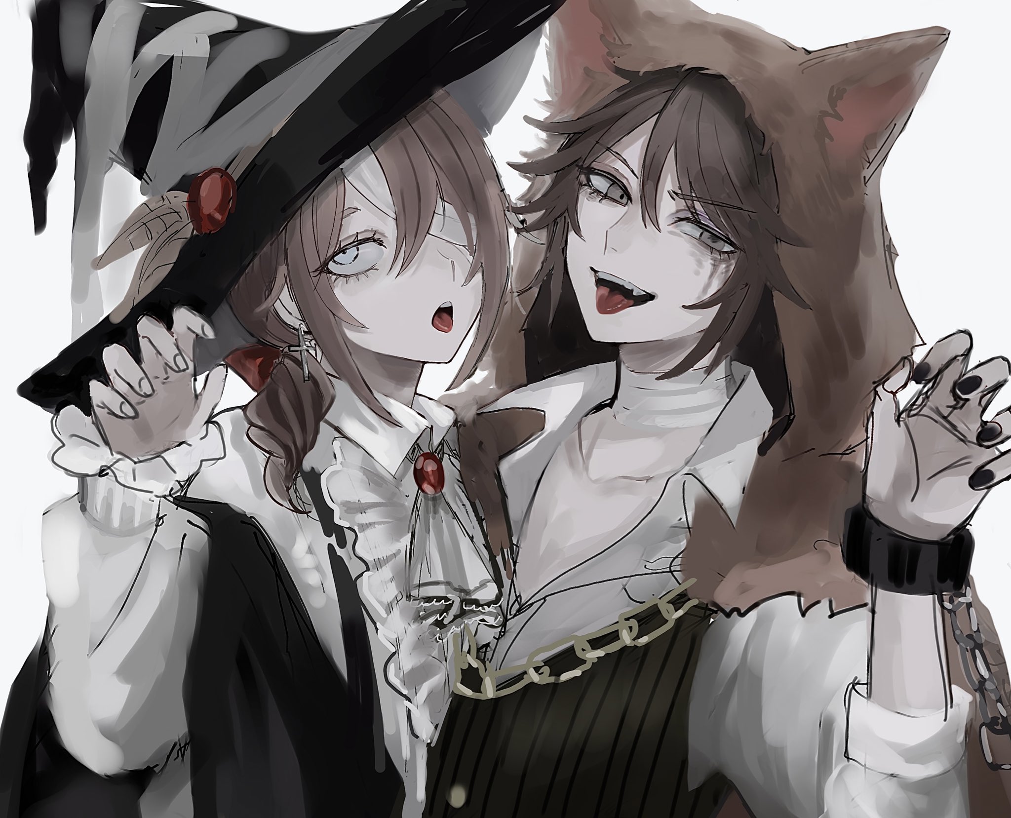 ! (rsa yuhr), edgar valden, luca balsa, identity v, highres, 2boys, androgynous, animal ear hood, animal ears, ascot, bandage over one eye, bandaged neck, bandages, bandages over clothes, black nails, black vest, blue eyes, bow, brown hair, claw pose, collarbone, cross, cross earrings, drill hair, drill ponytail, earrings, fake animal ears, fang, frilled shirt, frilled sleeves, frills, gem, green eyes, hair between eyes, hair bow, halloween, hat, hood, jewelry, looking up, low ponytail, makeup, male focus, multiple boys, ponytail, puffy sleeves, red bow, red gemstone, runny makeup, shirt, striped clothes, striped vest, tongue, tongue out, trap, upper body, vest, white ascot, white shirt, witch hat, wolf ears