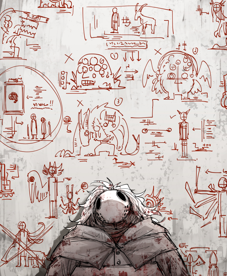 kankan33333, original, commentary request, 1other, against wall, blood, blood in hair, blood on clothes, blot plot, brown capelet, capelet, drawing (object), graffiti, karune (kankan33333), looking at viewer, mask, monster, on wall, plague doctor mask, straight-on, upper body, white hair
