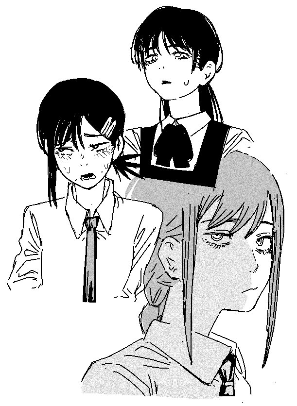 blupixl, higashiyama kobeni, makima (chainsaw man), mitaka asa, chainsaw man, 3girls, closed mouth, collared shirt, dress, fourth east high school uniform, greyscale, half-closed eyes, long hair, monochrome, multiple girls, necktie, pinafore dress, school uniform, shirt, sidelocks, single sidelock, sleeveless, sleeveless dress, sweat, sweatdrop