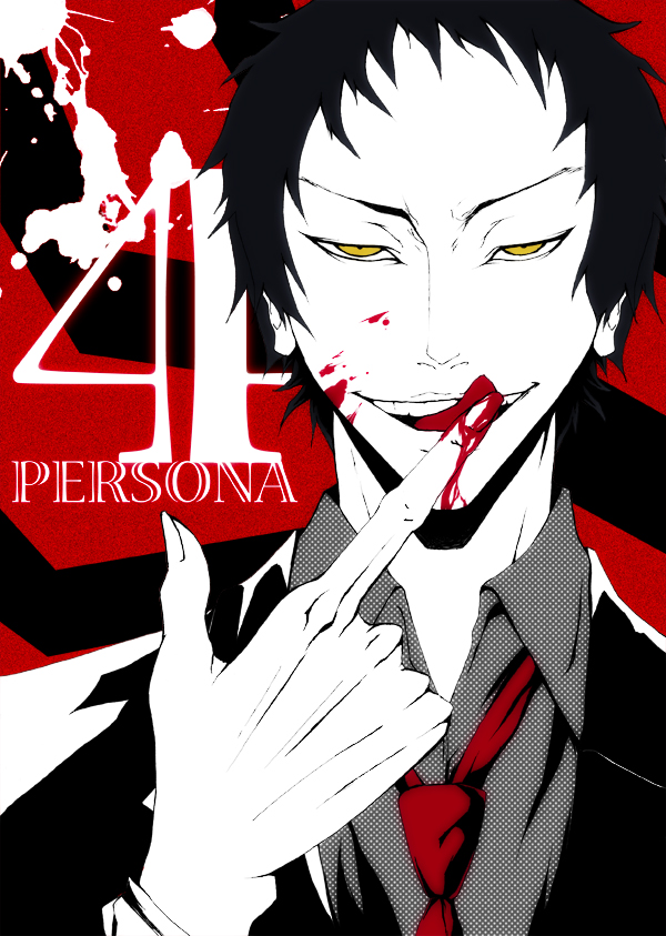 iwamoto eiri, adachi tooru, atlus, persona, persona 4, bad id, bad pixiv id, spoilers, 1boy, blood, chinese text, male focus, necktie, solo, yellow eyes
