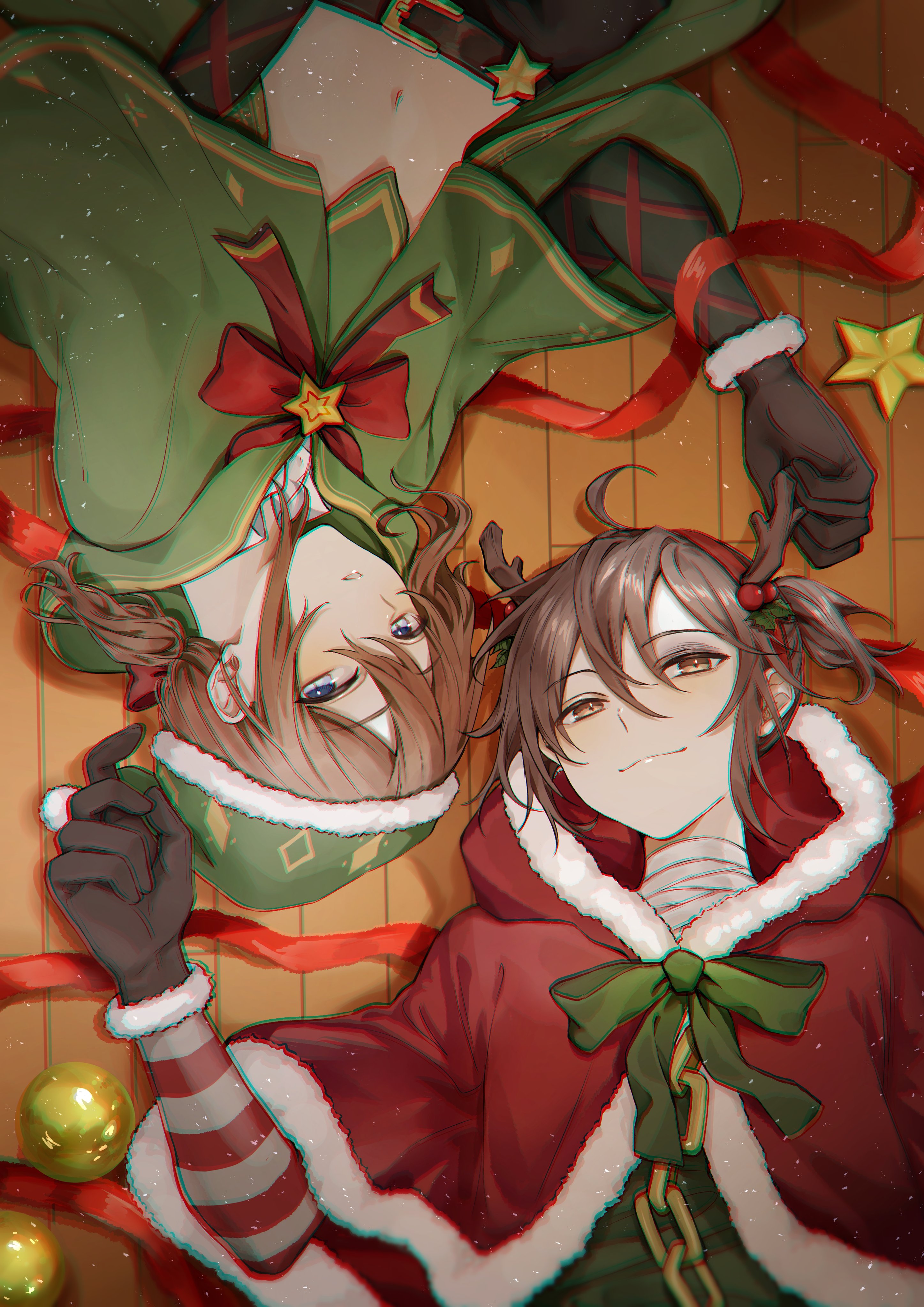 ! (rsa yuhr), edgar valden, edgar valden (cozy christmas eve), luca balsa, identity v, absurdres, highres, 2boys, :3, alternate costume, androgynous, bandaged neck, bandages, black gloves, blue eyes, bow, brown hair, bruise, bruised eye, capelet, chain, christmas, from above, fur-trimmed capelet, fur-trimmed gloves, fur-trimmed hood, fur trim, gloves, gold chain, green bow, green capelet, hair bow, hood, hood down, hooded capelet, injury, looking at viewer, low ponytail, lying, male focus, multiple boys, navel, ponytail, red bow, red capelet, red ribbon, ribbon, rotational symmetry, short ponytail, smile, striped sleeves, upper body, wooden floor, yellow eyes, yellow trim