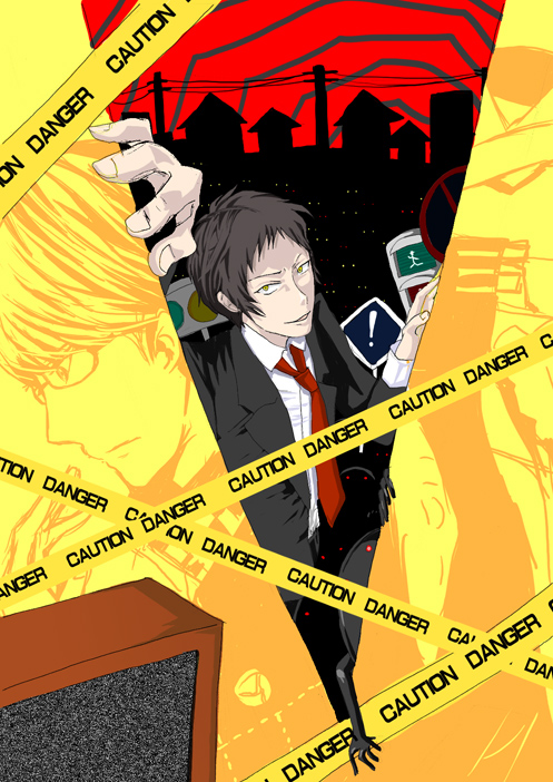 unamana, unataria, adachi tooru, izanagi (persona 4), narukami yu, atlus, persona, persona 4, bad id, bad pixiv id, spoilers, 2boys, black hair, black jacket, building, caution tape, cityscape, closed mouth, collared shirt, expressionless, fingernails, foreshortening, glasses, jacket, long sleeves, looking at viewer, looking down, male focus, multiple boys, necktie, open clothes, open jacket, parted lips, profile, red eyes, red necktie, road sign, shirt, sign, solo focus, static, television, traffic light, utility pole, wing collar, yellow eyes